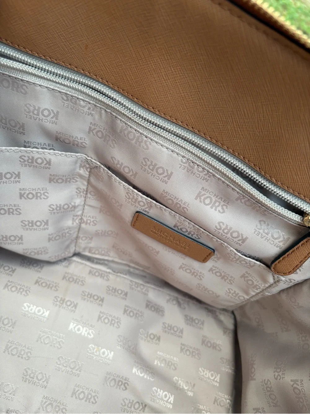 Michael Kors Beige Brown MK Monogram Satchel Top Handle Zip